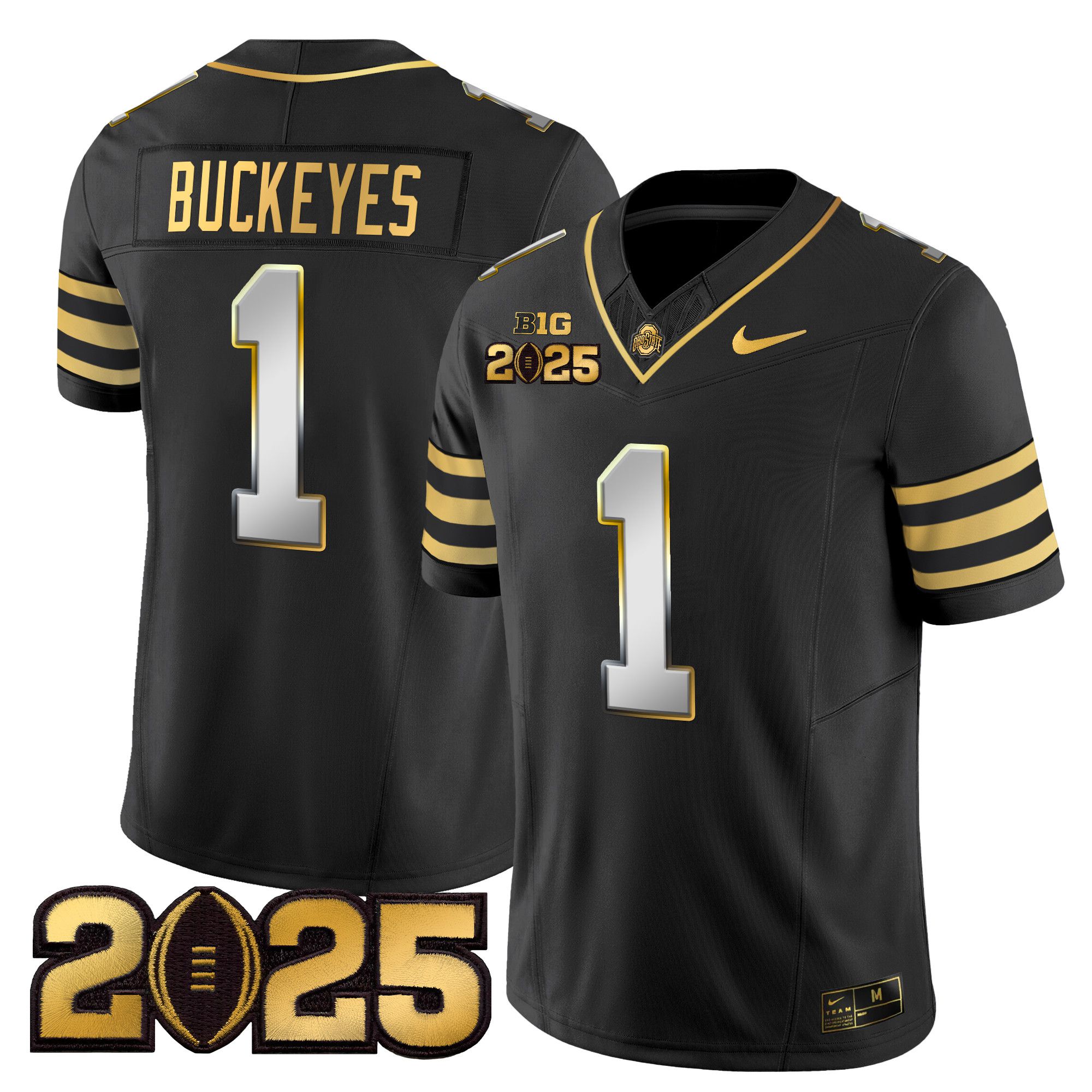Men Ohio State Buckeyes #1 Buckeyes Black 2025 CFP Final Patch Gold Vapor Limited NCAA Jersey style 2
